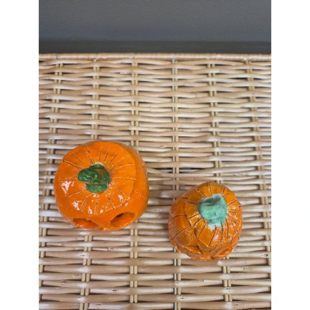 Vintage Handmade Pottery Jack O Lantern Pumpkin Tealight Holders Halloween Pair
